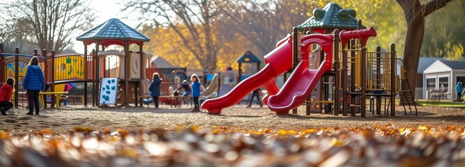 Autumn Playtime: Children Among Fallen Leaves on Playground