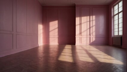 Beautiful original background image of an empty space in pink tones with a play of light and shadow on the wall and floor for design or creative work
