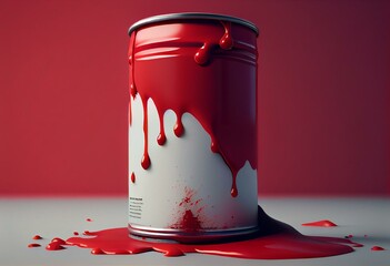 Red paint stains on a white empty can. 3d rendering. Generative AI