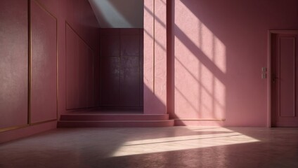 Beautiful original background image of an empty space in pink tones with a play of light and shadow on the wall and floor for design or creative work
