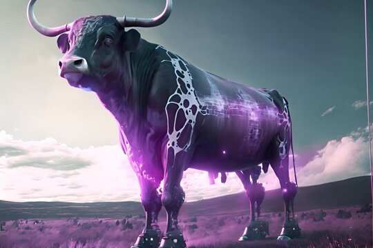 Electric buffalo made out of iron and neon lights standing in a field 