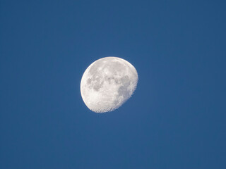 Three quarters of the moon in the evening dark blue sky.