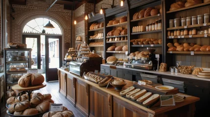 Fotobehang freshly baked artisanal bread arranged on a polished wooden counter, inviting viewers to savor the craftsmanship and flavor. © lililia