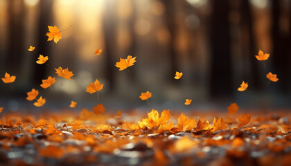 Naklejka na ściany i meble Glowing autumn leaves fall, illuminating the vibrant forest generated by AI