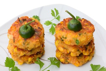 corn fritters in a skillet with yogurt dipping sauce and fresh sweet corn in cob on an old rustic kitchen table, view from above Vegetarian food, Thai food, snacks Thai style. Homemade Fried Cheddar 