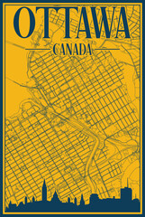 Yellow and blue hand-drawn framed poster of the downtown OTTAWA, CANADA with highlighted vintage city skyline and lettering