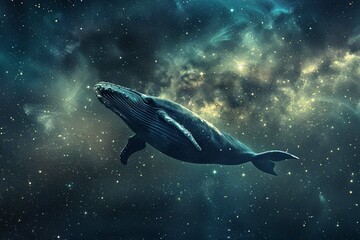 Fototapeta na wymiar Cosmic whale swimming through the universe. Fantasy illustration of a cetacean travelling in space. Illustration