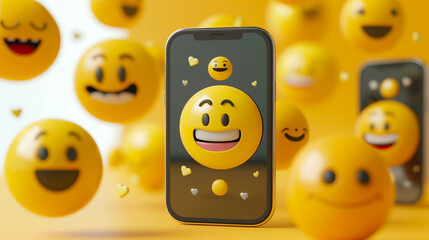 A smartphone with a raised yellow emoticon against the background of a blurred image of many emoticons with different emotions.