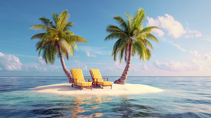 deckchairs under palm trees on a lonely sand island in the middle of the ocean - obrazy, fototapety, plakaty