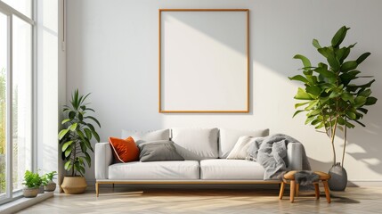 an empty picture frame hangs on the coloured wall in a modern room