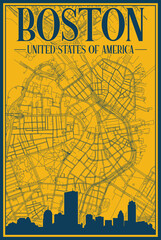 Yellow and blue hand-drawn framed poster of the downtown BOSTON, UNITED STATES OF AMERICA with highlighted vintage city skyline and lettering