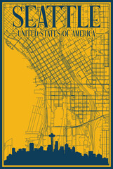 Yellow and blue hand-drawn framed poster of the downtown SEATTLE, UNITED STATES OF AMERICA with highlighted vintage city skyline and lettering