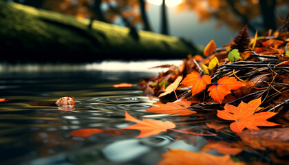 Vibrant autumn leaves reflect on tranquil pond, nature beauty generated by AI