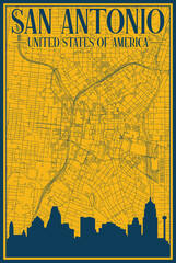 Yellow and blue hand-drawn framed poster of the downtown SAN ANTONIO, UNITED STATES OF AMERICA with highlighted vintage city skyline and lettering
