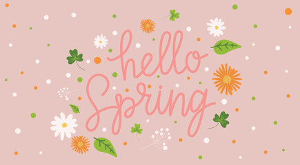 Fototapeta na wymiar Hello Spring hand sketched background, vector illustration. Lettering spring season with leaves and flowers for greeting card, invitation template. Retro, vintage lettering banner, poster, background.