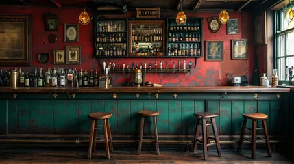 Foto op Plexiglas the counter bar in a cosy old english or irish pub with lots of whisky bottles in the background © Wolfilser