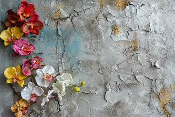 Flower arrangement on an old concrete background with shabby and cracked paint close-up with copy space. Greeting card base design. Floral banner, poster, background.