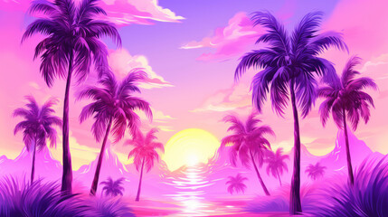 Fototapeta na wymiar Beautiful tropical sunset with palms and beach in pink neon color, art deco
