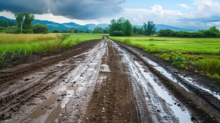 Rural isolation - empty countryside dirt road with wet soil