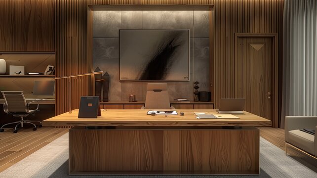 a sleek wooden home office, where functionality seamlessly intertwines with refined aesthetics, highlighting an expansive desk crafted from polished, natural wood as the centerpiece.