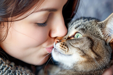  Woman and cat together, focus on the detail of the lips approaching, international kissing day, April	