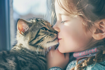 Child and cat together, focus on the detail of the lips approaching, international kissing day, April