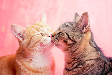 Couple of cats kissing kissing, focus on the detail of the lips approaching, international kissing day, April