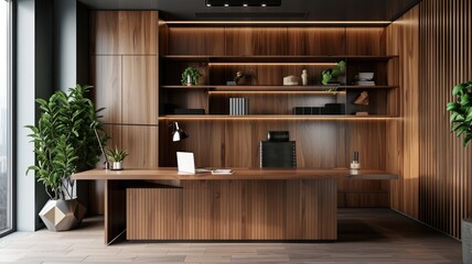 a sleek wooden home office, where functionality seamlessly intertwines with refined aesthetics, highlighting an expansive desk crafted from polished, natural wood as the centerpiece.