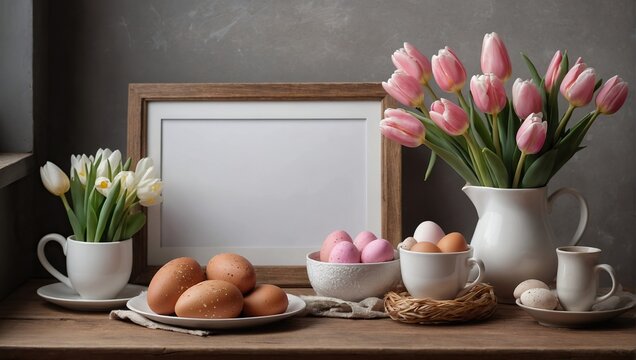 Easter breakfast still life, Blank picture frame mockup. Wooden bench, table composition with cup of coffee, old books,Spring bouquet of pink tulips, white daffodils
