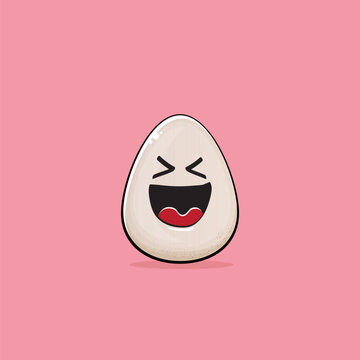 Egg character. Cartoon white egg isolated on pink background. Funky food egg character with eyes and mouth isolated. Vector white egg clip art, emoji, label and sticker