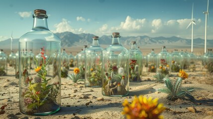deserts and the delicate beauty of miniature nature enclosed in glass bottles, symbolizing the importance of environmental protection.