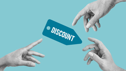 Hands reaching for discount coupon. Concept of shopping, hunting for bargains. Sale out