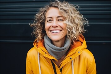 Portrait of a happy young woman in yellow jacket and scarf outdoors