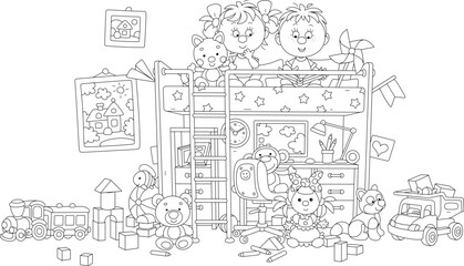 Happy little boy and girl romping with their funny toys in a nursery playroom, black and white vector cartoon illustration for a coloring book