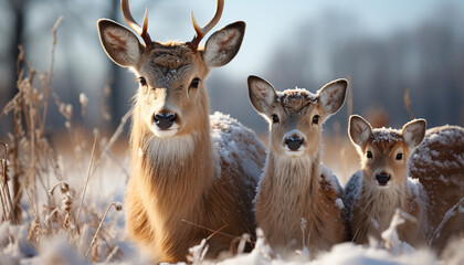 Fototapeta premium Cute deer in winter forest, looking at camera generated by AI