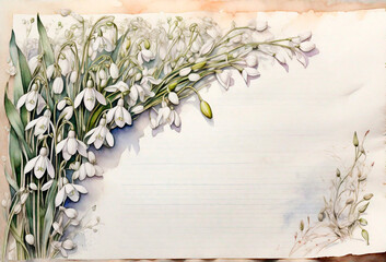 Background in watercolor in the form of a frame of snowdrops