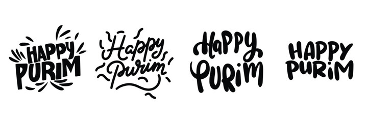 Collection of inscriptions Happy Purim. Handwriting text banner set in black color. Hand drawn vector art.