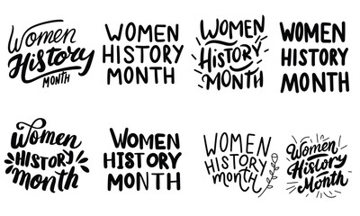 Collection of inscriptions Women History Month. Handwriting text banner set in black color. Hand drawn vector art.