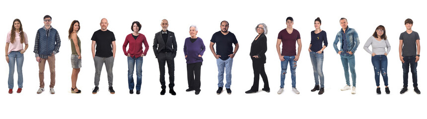 line of a group of men and woman with hands in pockets on white background