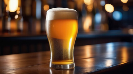 A glass of light beer with foam on a wooden bar on a dark background. Space for text