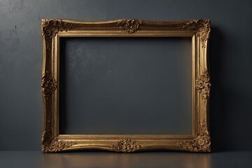 empty golden frame on grey background mockup 