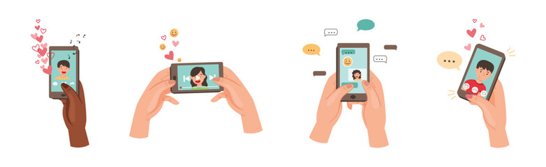 Hand with Smartphone Device Use Different App Vector Set