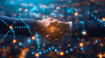 Virtual deal. Businessman and businesswoman shaking hands with effect global network link connection. Concept: Online partnership. Generative Ai