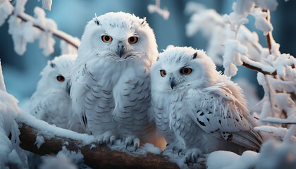 Snowy owl perching on branch, looking at camera in winter forest generated by AI