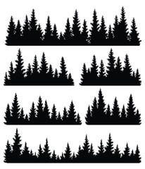 Set of fir trees silhouettes. Coniferous spruce horizontal background patterns, black evergreen woods vector illustration. Beautiful hand drawn panoramas of coniferous forest