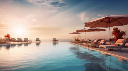 Keuken foto achterwand Bora Bora, Frans Polynesië  Beautiful swimming pool with sun beds and umbrella