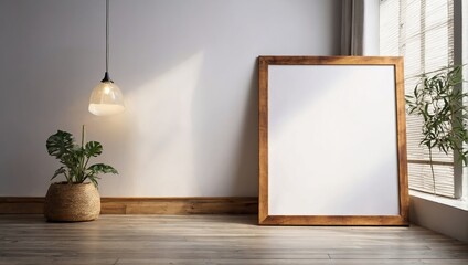 empty Poster with Wooden Frame Mockup standing on the floor