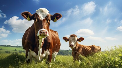 dairy cow and calf - obrazy, fototapety, plakaty