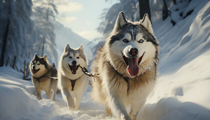 Naklejka premium Running sled dogs in the winter, a purebred Malamute leads the pack generated by AI