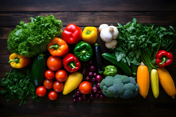 Fresh and Colorful Assorted Vegetables on a Wooden Table - Display of Nutritious Raw Food